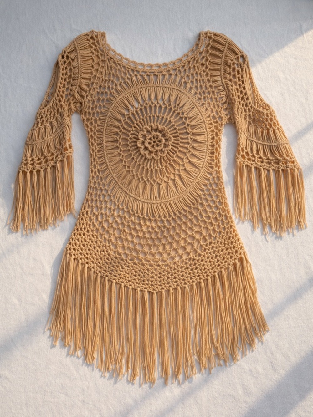 Crochet Fringe Cover Up Tunic Boho Festival Beach Swim Beige S/M